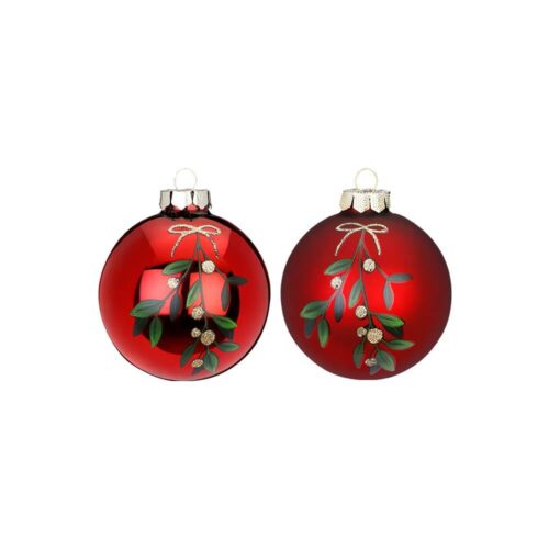 Rote Weihnachtsbaumkugeln mit Misteldekor, 8 cm