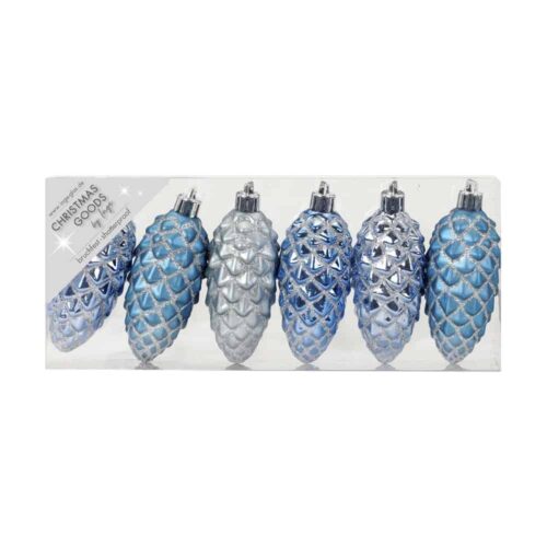 Zapfen Blau-Silber - Bruchfest 6er Set (9 cm)